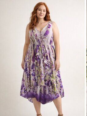 Nine West Floral Ruffle Midi Dress Size 12 Purple Green Sleeveless Boho